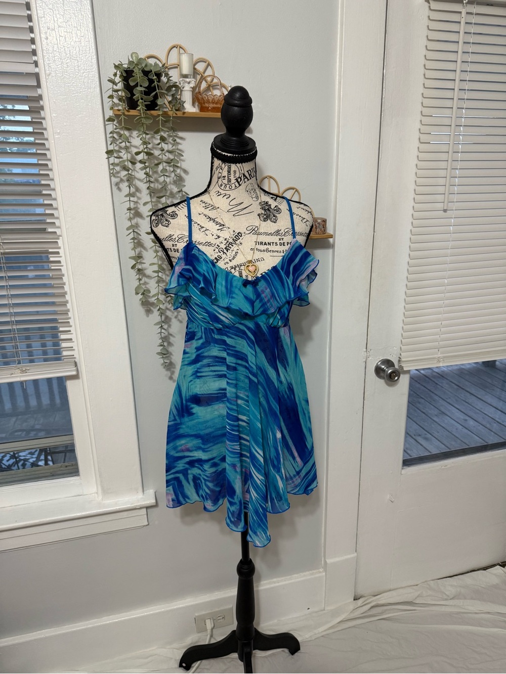 Blue Swirl Ruffle-Trim Mini Dress with Spaghetti Straps